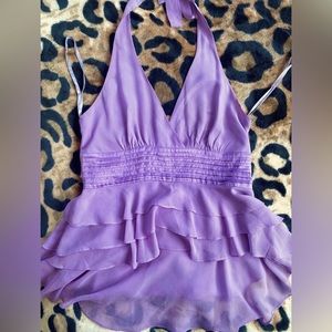 2000s BCBG MAXAZRIA 100% silk halter top. Lilac ruffled blouse. M